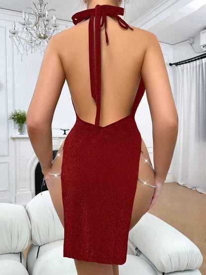 Bordo Zincirli Dekolteli Seksi Kadın Mini Elbise