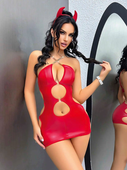 Kırmızı Dekolteli Midi Zincirli Parlak Seksi Elbise