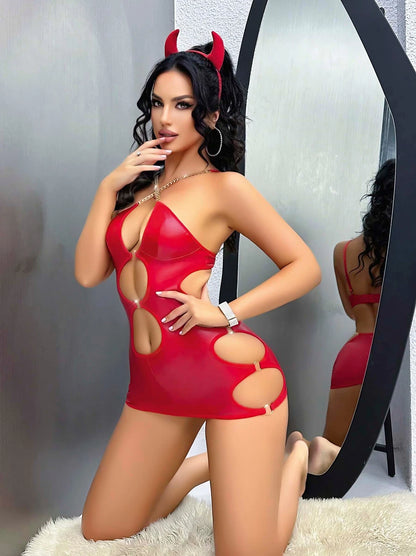 Kırmızı Dekolteli Midi Zincirli Parlak Seksi Elbise