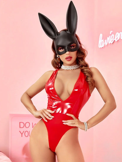 Parlak Kırmızı Deri Fantezi Kadın Body