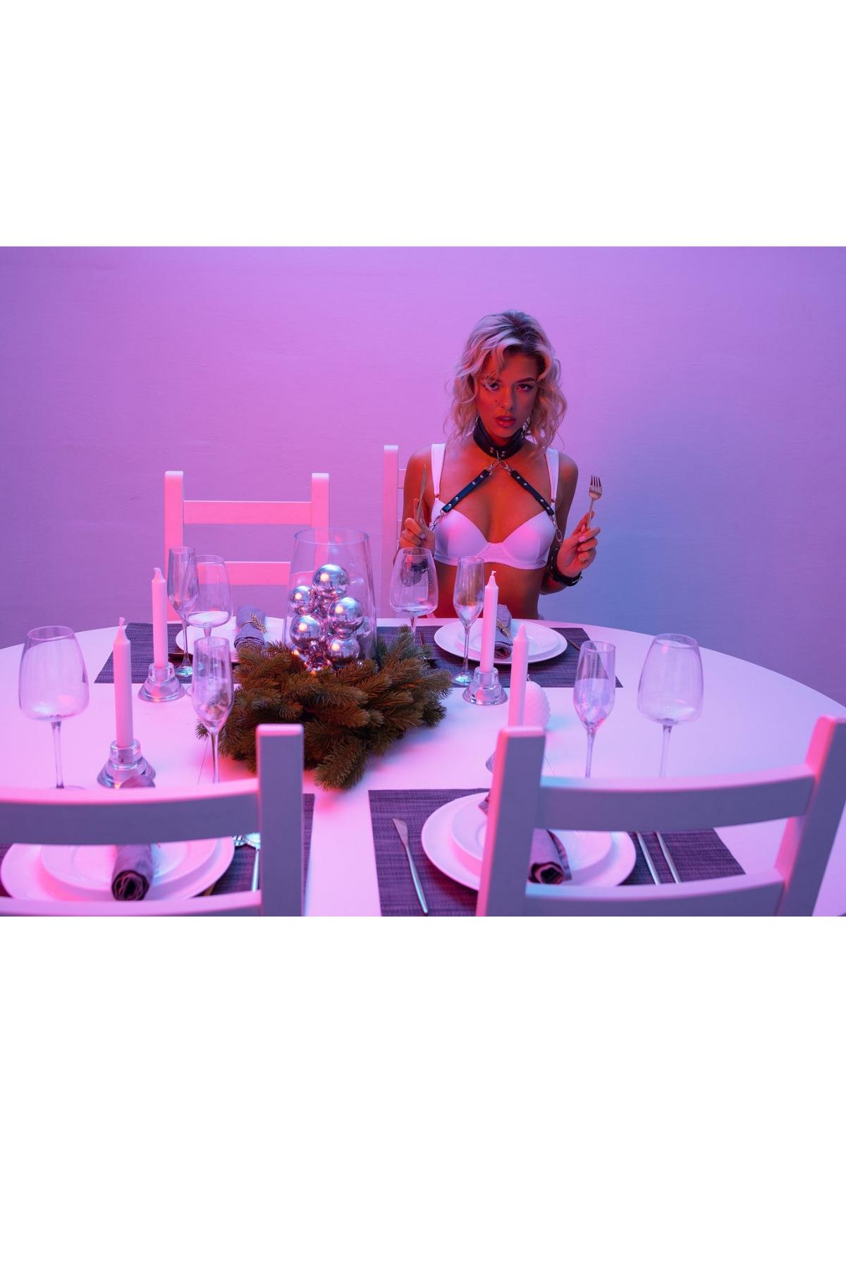 Siyah Deri Fantazi Harness Kelepçe Boyunluk